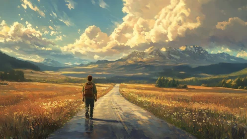 Digital painting of lone hiker on rural road under vast skies.