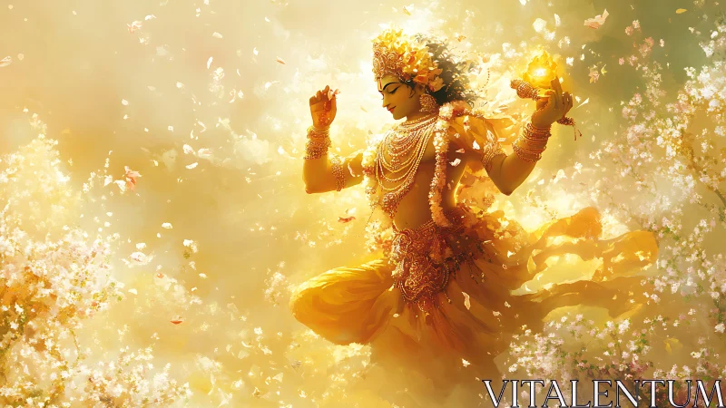 Digital depiction shows ornate figure floating in golden bloom