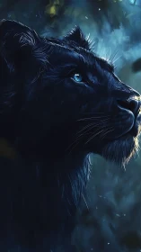 Dark Feline Predator: Luminous Eyes Through Ethereal Mist.