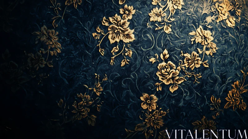 Vintage blue damask wallpaper with golden floral relief.