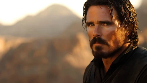 Sunlit bearded man in rugged desert portrait, high contrast lighting