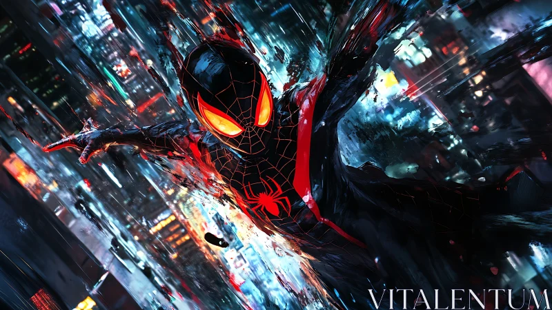 Masked hero dives through neon cityscape with liquid motion