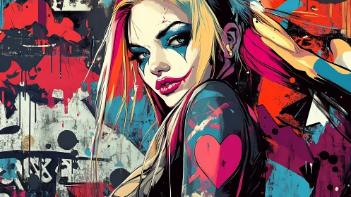 Graffiti-style punk woman with heart tattooed arm portrait.