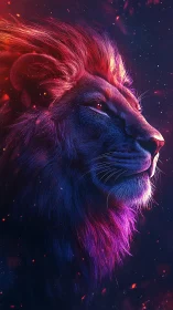 Neon-lit lion profile rendered in high-contrast digital chiaroscuro