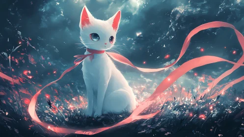 White cat with ribbon in nocturnal glowing meadow scene.