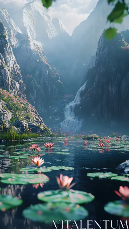 Gentle mountain lagoon welcomes drifting lilies and soft mist