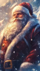 Warm-hearted Santa in glowing winter wonderland light.