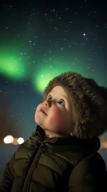 Child in winter coat gazes in awe at glowing northern lights
