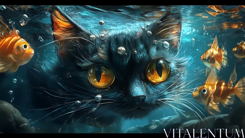 Black cat with golden eyes submerged underwater surrounded by goldfish