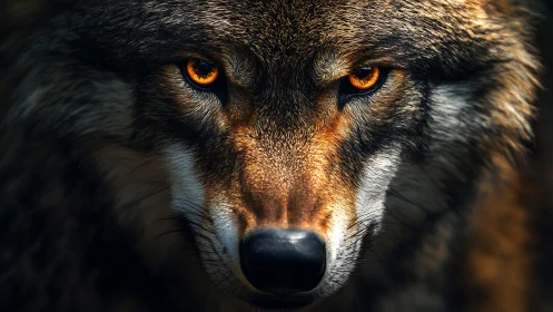 Close-up frontal view captures detailed wolf facial features