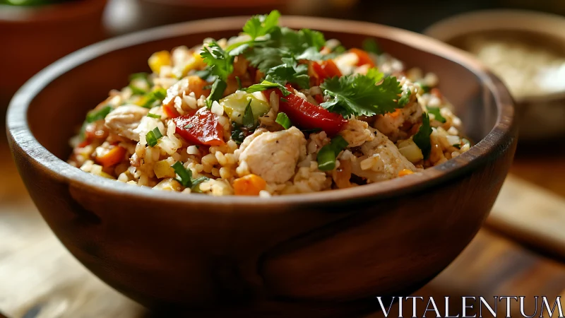 Colorful chicken rice bowl glows with rustic, homestyle warmth