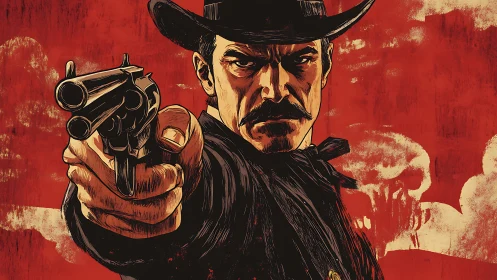 Revolver stare-down in a blood-red frontier stormscape.