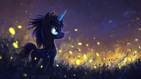 Enchanted midnight unicorn wandering through glowing fireflies.