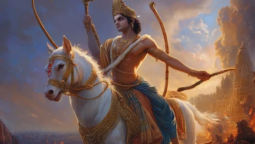 Divine warrior prince on white horse in blazing battlefield.