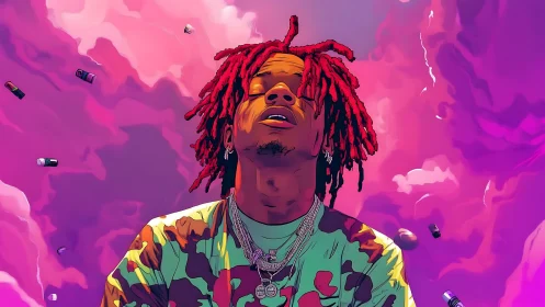 Neon clouds surround a red‑haired artist in dreamy calm.