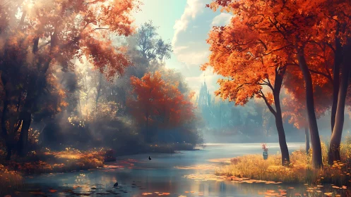 Golden autumn river drifts gently toward a distant castle