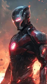 Armored flame sentinel amid embers and stormlit skies.