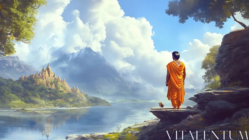 Monk in saffron robes overlooking river and distant temple.