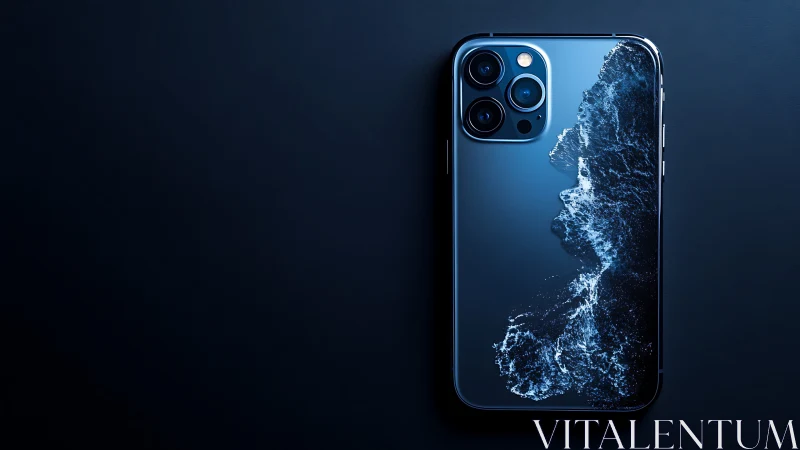 Photorealistic blue smartphone with abstract oceanic glass backplate.