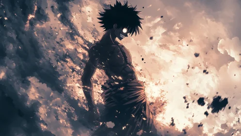 Storm-lit anime warrior emerges from swirling embers.
