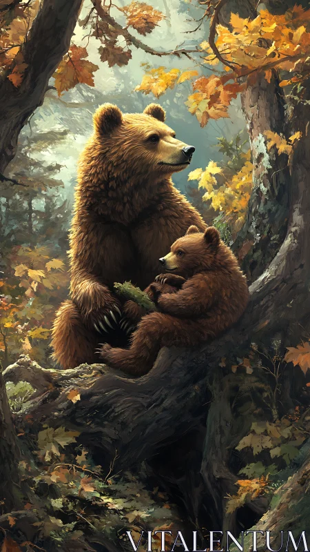 Brown bears on fallen tree in dense autumn forest setting.
