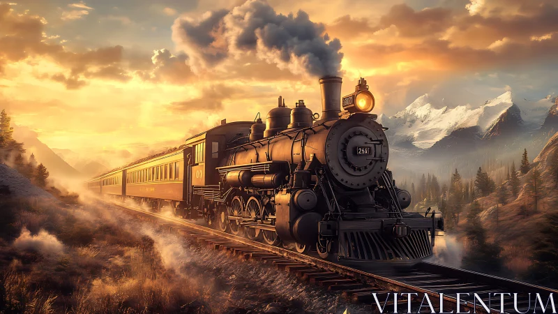 Steam locomotive crossing mountain valley at golden sunset.