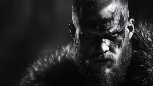 High-contrast monochrome portrait of war-painted bearded warrior