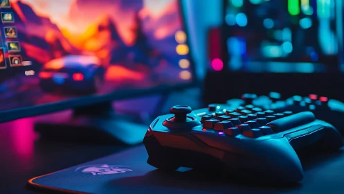 Game controller and monitor in illuminated desktop setup.