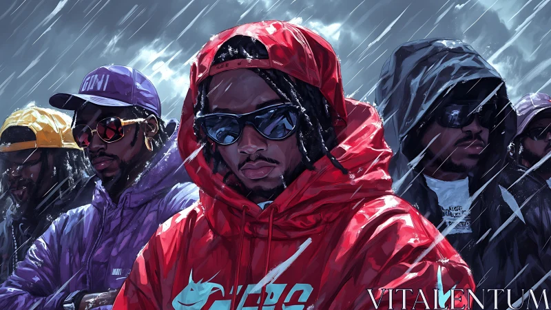 Digital painting of hooded streetwear crew in dynamic rainstorm.