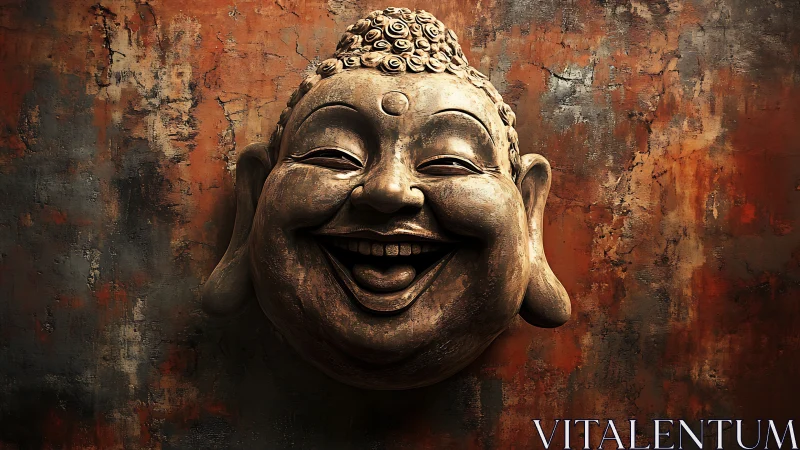 Smiling Buddha relief on distressed rusted wall surface.