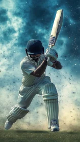Dynamic cricket batsman captured in mid-drive with granular dust field