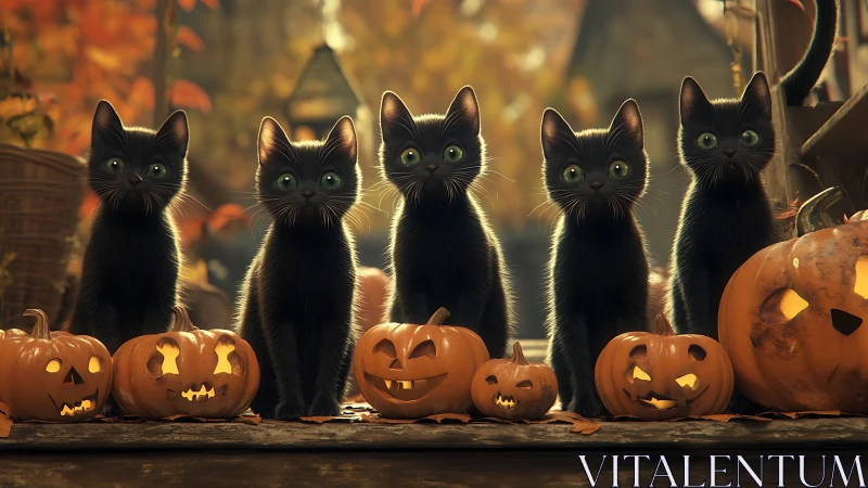 Five Spectral Sentinels Guard the Glowing Pumpkin Vigil.