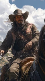 Windworn frontier rider with tactical gear under high sun.