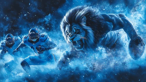 Football Players and Aggressive Beast in Blue Digital Environment