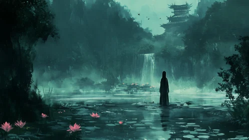 Solitary robed figure at misty lake before tiered pagoda.