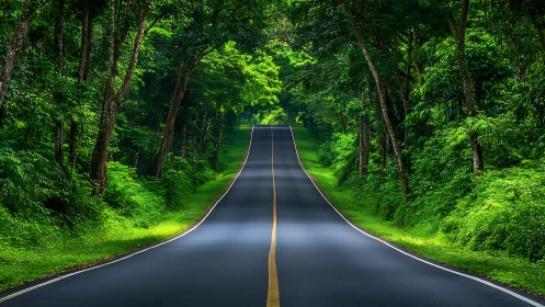 Symmetrical Asphalt Road Vanishing Through Lush Green Forest Canopy