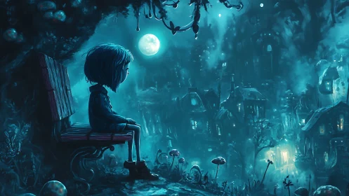 Dreamy moonlit village watched by a quiet, curious child.