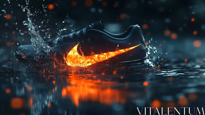 High-contrast running shoe with molten logo and dynamic splash lighting