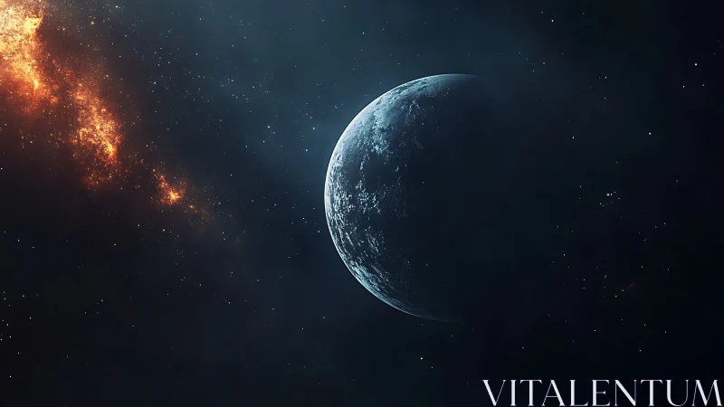 Distant icy planet with bright nebula in deep space field.