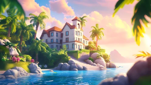 Mediterranean Villa with Red Tile Roof Overlooking Crystalline Azure Waters. Rendered.