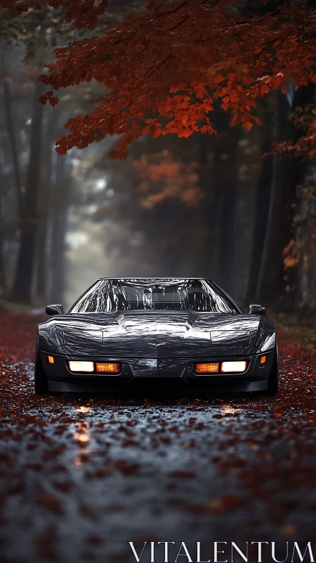 Midnight muscle car idling beneath ember-tinted autumn canopy.