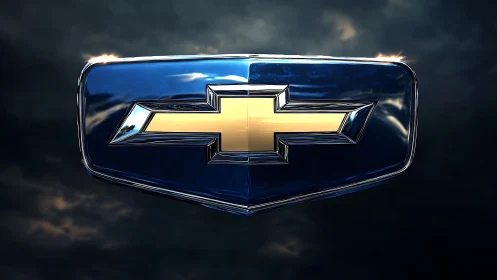 Metallic gold bowtie logo on reflective dark emblem.