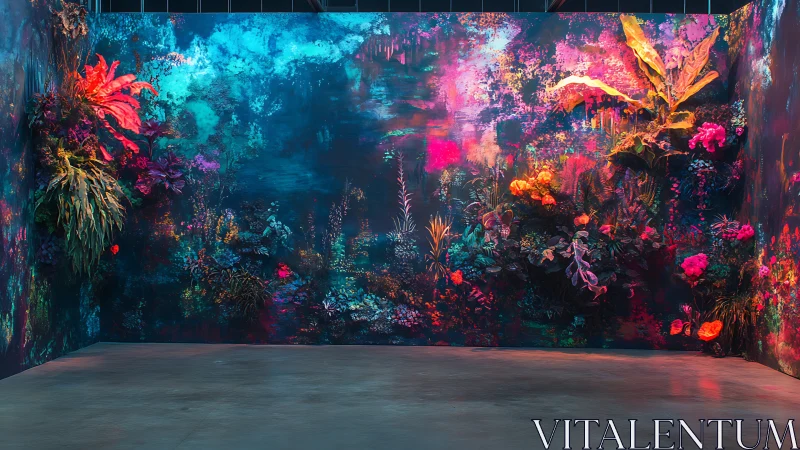 Immersive gallery corner displays neon botanical wall installation.