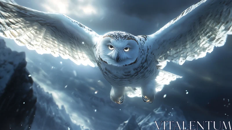 Majestic snowy owl in flight over icy mountains, cinematic style.