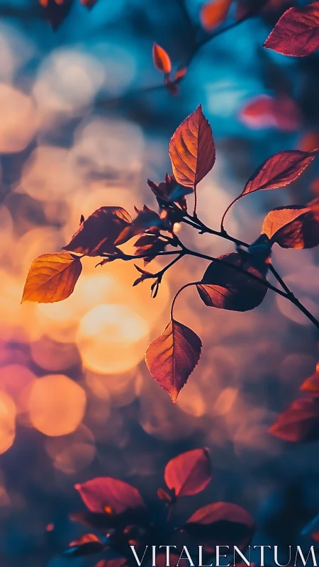 Backlit autumn leaves intersect warm bokeh at twilight