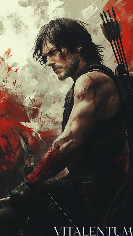 Battle-hardened archer studies horizon amid blood-smeared storm.