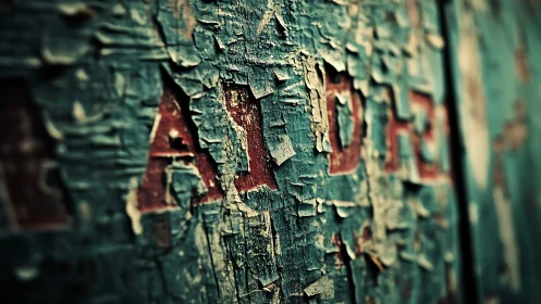 Cracked teal paint slowly reveals stubborn red letters beneath