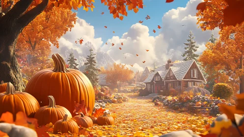 Golden pumpkins lining an autumn cottage mountain path.