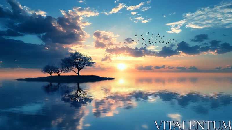 Sunset over reflective lake with silhouetted island trees.