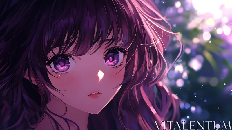 Purple bokeh portrait of luminous anime girl at twilight